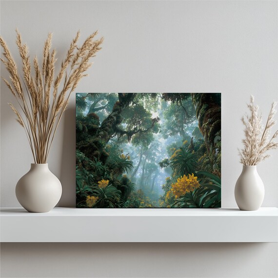 Lush Misty Wild Rainforest Jungle Canopy Yellow Orchids Wall Art