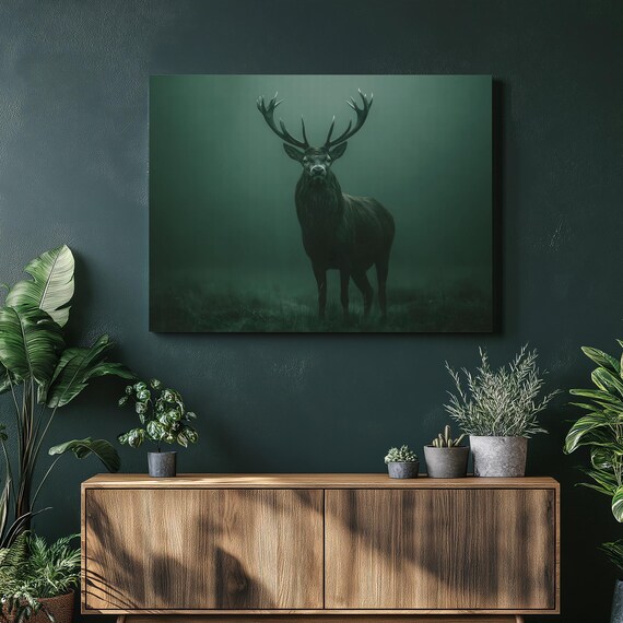 Majestic Deer Canvas Wall Art Forest Wildlife Foggy Woods Nature Print Green Rustic Animal Antler Silhouette Decor Misty