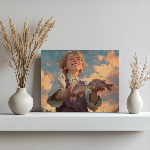 Cheerful Boy Proudly Holding Two Fresh Fish at Sunset Vintage Painting Poster