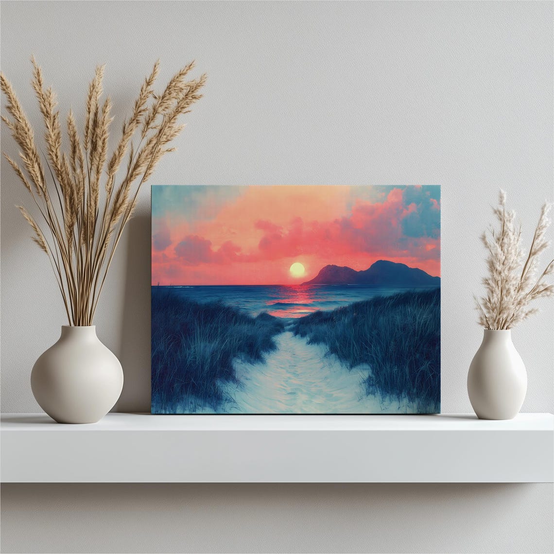 Sunset Beach Path Through Dune Grass Ocean Horizon Scenic Wall Art