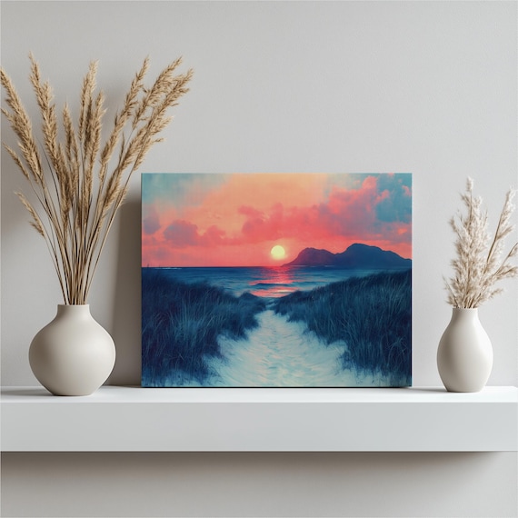 Sunset Beach Path Through Dune Grass Ocean Horizon Scenic Wall Art