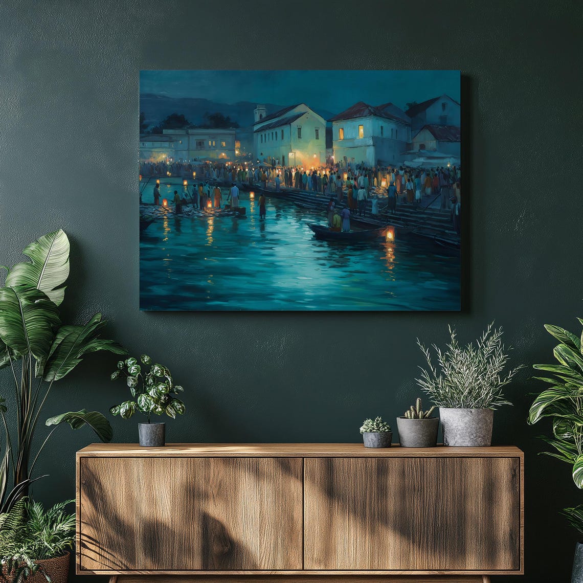 Night Lantern Festival Riverside Town Glowing Lights Canvas Wall Art