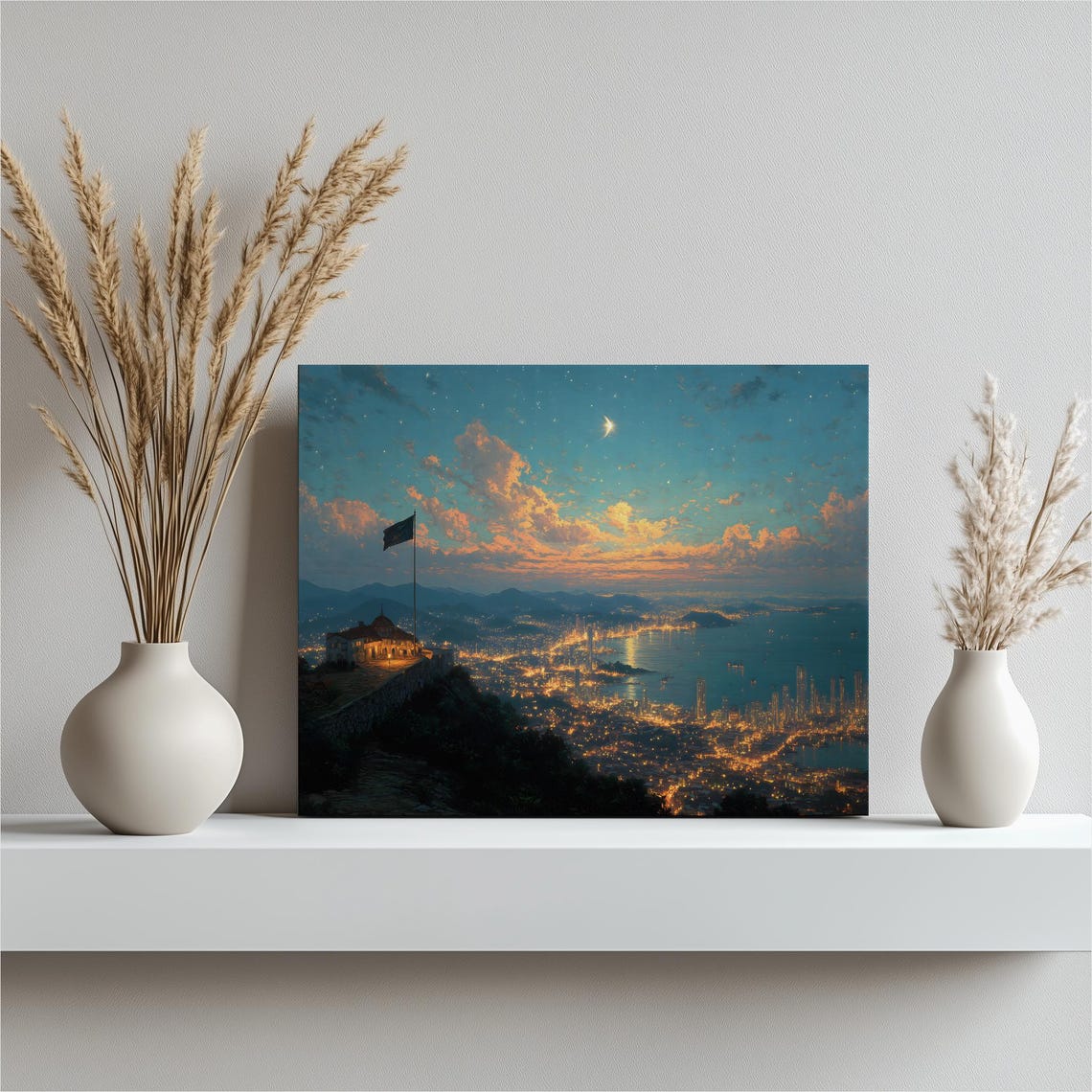 Urban Sunset Cityscape Canvas Wall Art Twilight Skyline Panoramic Coastal City Lights Starry Sky Impressionist Seascape Decor Print