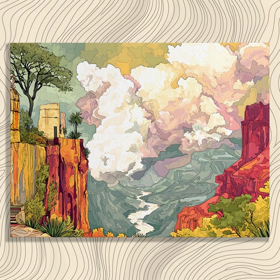 Vibrant Canyon Canvas Wall Art Colorful Landscape Painting Print With Dramatic Clouds Lush Vegetation Bohemian Eclectic Style