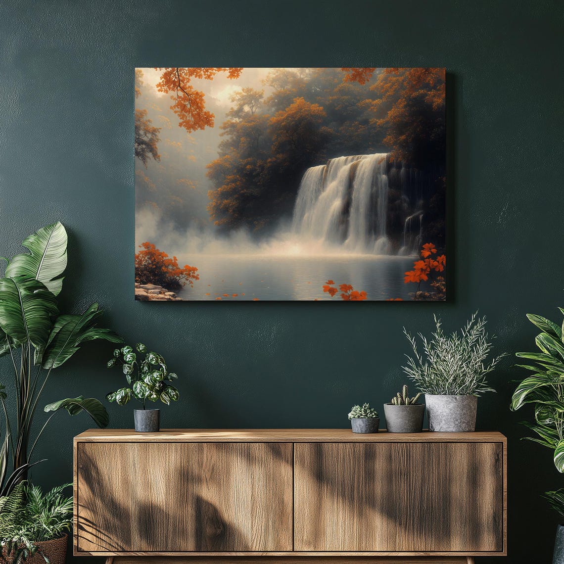 Misty Autumn Waterfall With Orange Leaves Nature Painting Poster