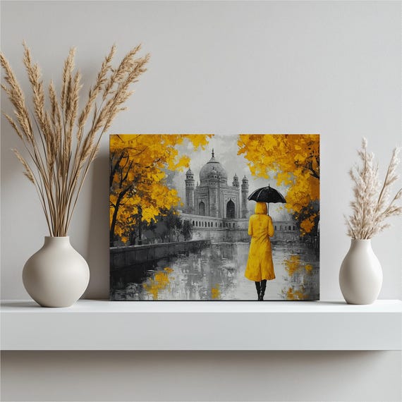 Vibrant Charminar Cityscape Canvas Wall Art Print Yellow Raincoat Umbrella Water Reflection Painting For Modern Autumn Home Decor Gift