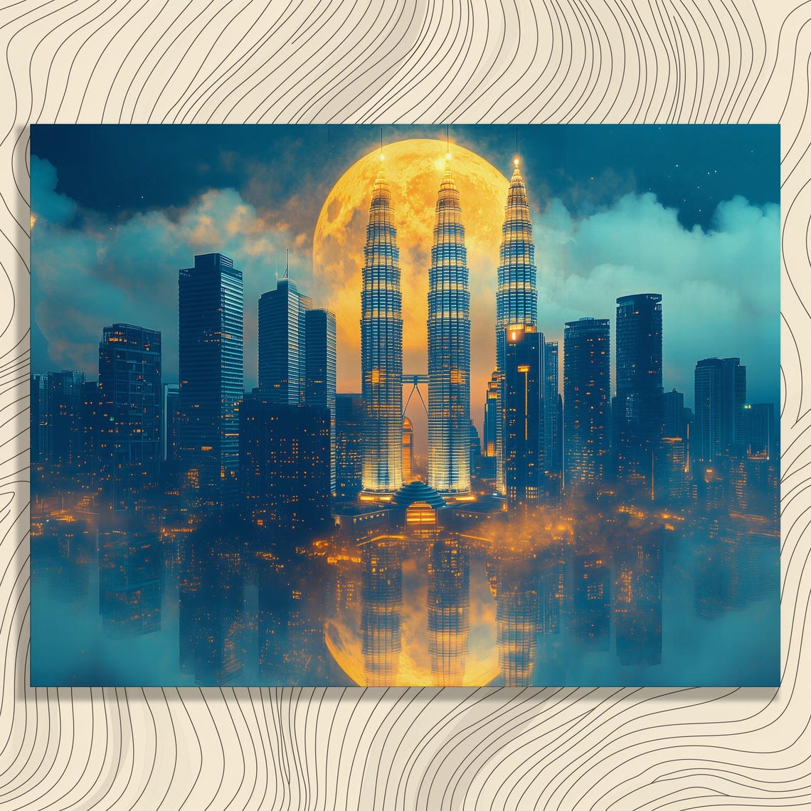 Petronas Twin Towers Under a Giant Golden Full Moon Night Poster