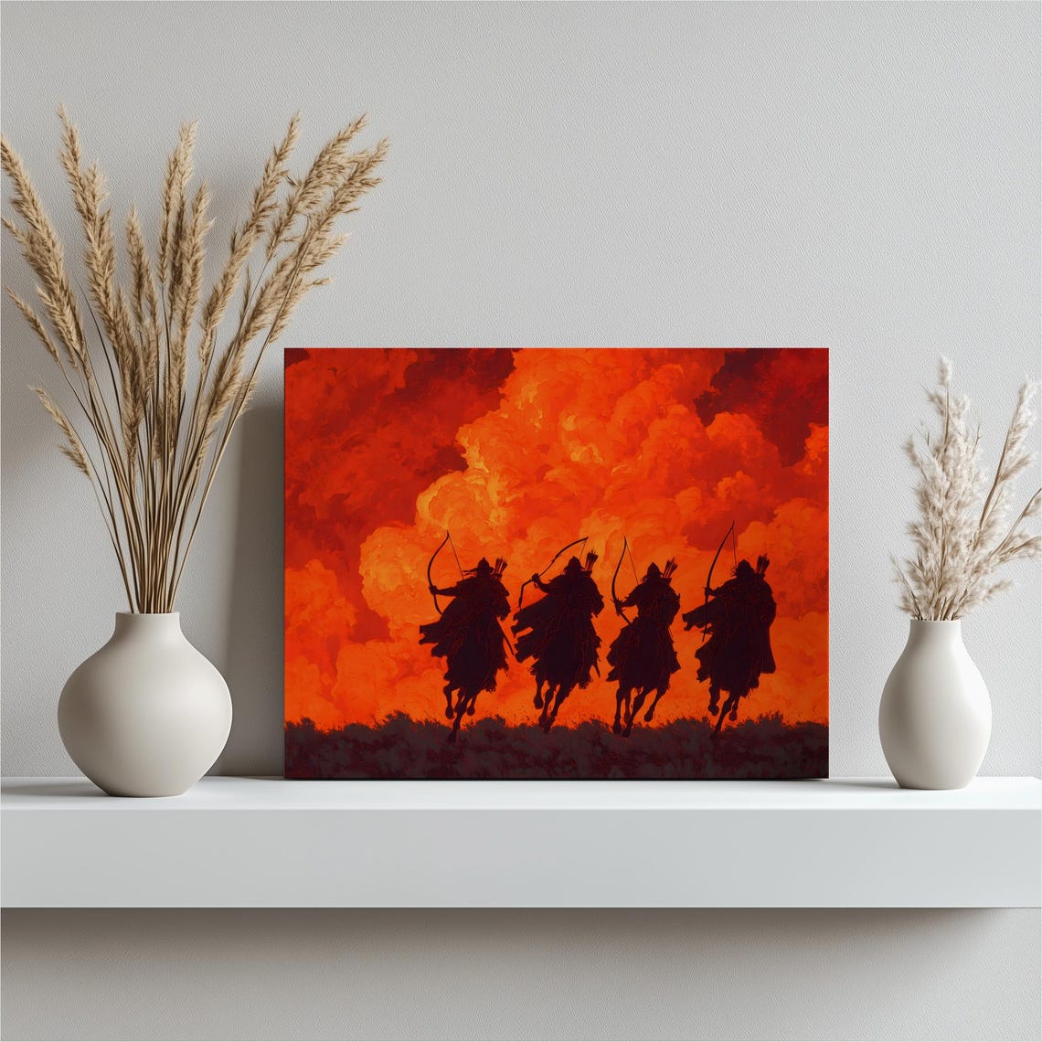 Four Horse Archers Silhouette Galloping Under Fiery Red Sky Wall Art