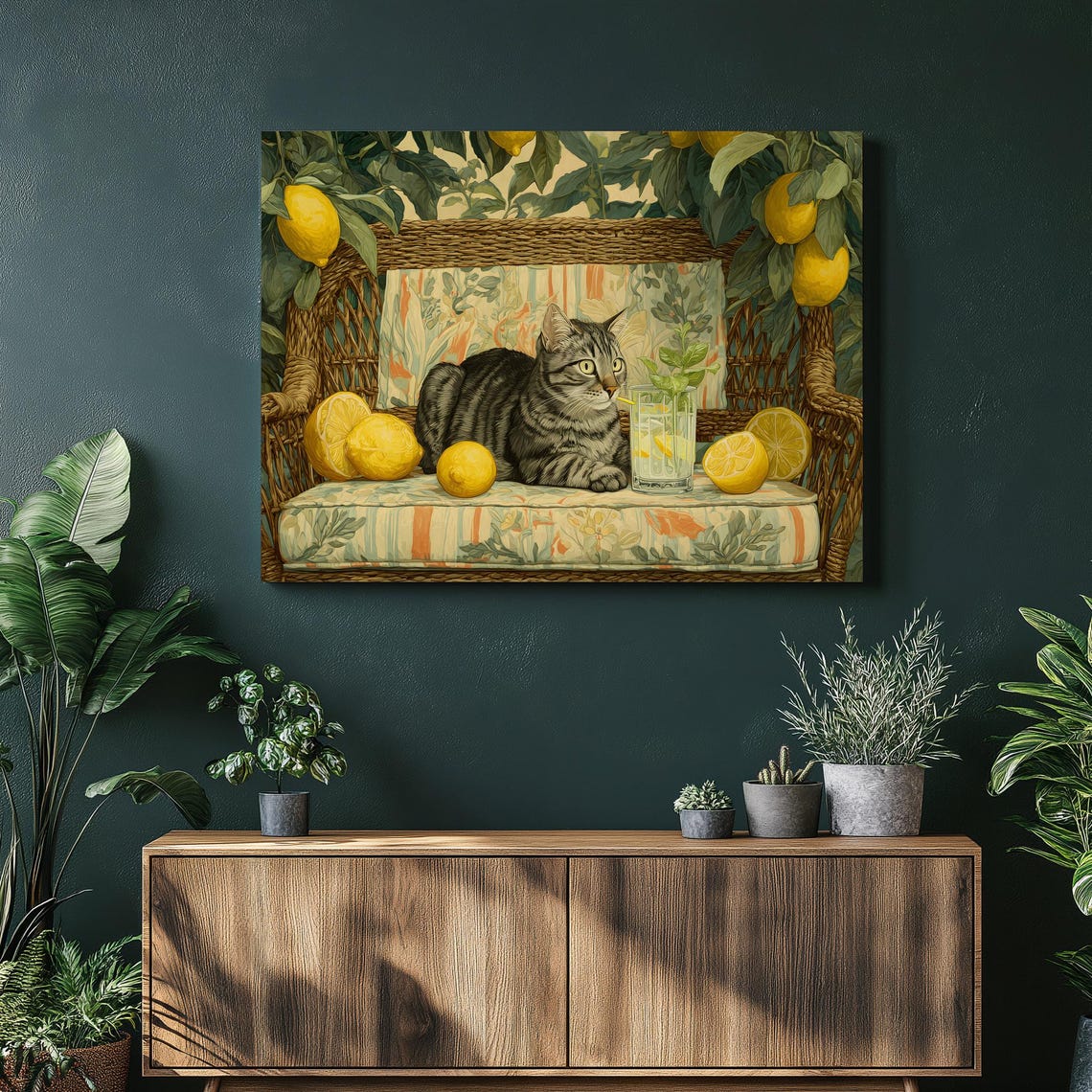Tropical Tabby Cat Lemon Still Life Wicker Bench Coastal Wall Art