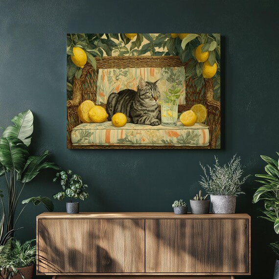 Tropical Tabby Cat Lemon Still Life Wicker Bench Coastal Wall Art