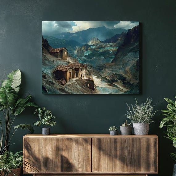 Emerald Mountain Mines Canvas Wall Art Rustic Hillside Village And Glowing Gem Valley Landscape With Moody Clouds Dramatic Peaks