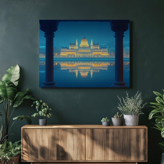 Hungarian Art Budapest Parliament Building Danube River Reflection Cityscape Wall Night Skyline Architecture Prints Historic Site