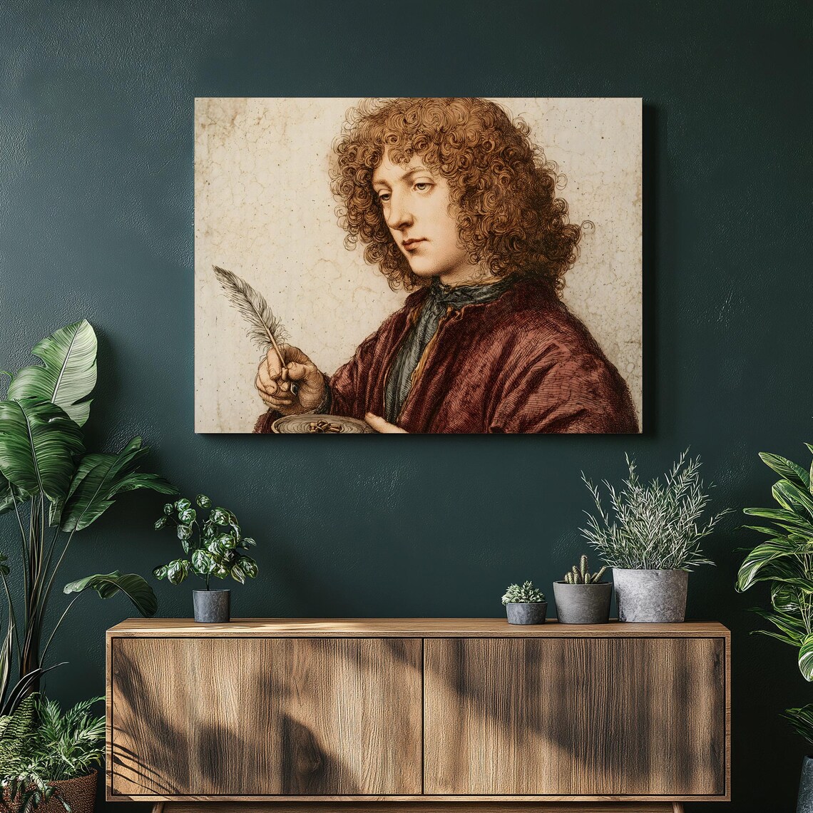Renaissance Style Portrait of a Young Man Holding a Quill Pen Wall Art