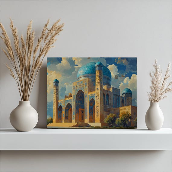 Stunning Uzbekistan Mosque Wall Art Canvas Silk Road Samarkand Blue Architecture Print For Home Decor Heritage Cultural Artwork