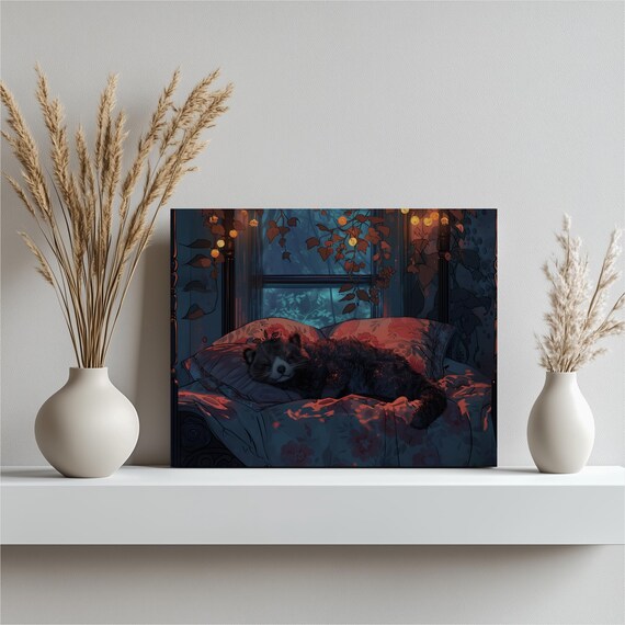 Sleepy Raccoon on Floral Bed with Twinkling Lights Cute Art Poster