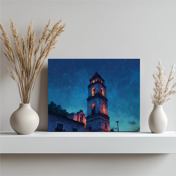 Starry Mission Canvas Wall Art Bell Tower Painting Night Sky Print Spanish Architecture Landscape Home Decor Colorful Blue Gift
