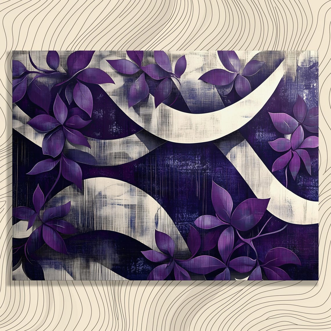 Purple Floral Abstract Poster with Ivory Crescent Moon Swirls