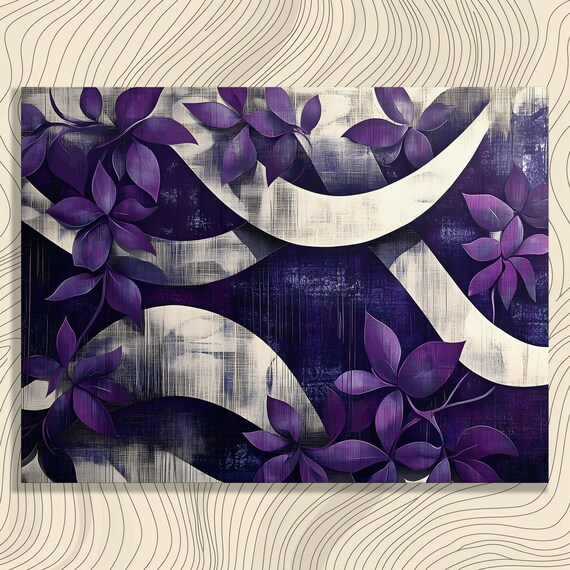 Purple Floral Abstract Poster with Ivory Crescent Moon Swirls