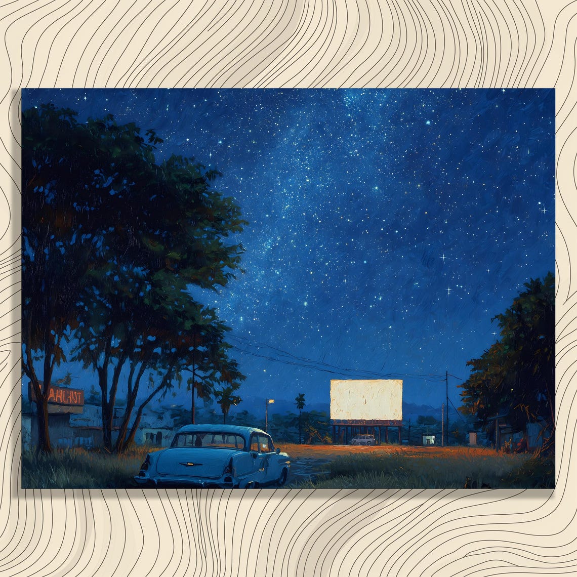 Vintage Car at Drive In Under Starry Milky Way Night Art Poster