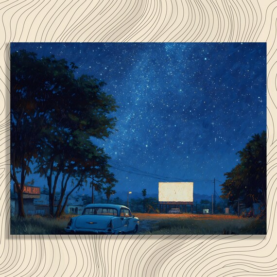 Vintage Car Canvas Wall Art Starry Night Sky Milky Way Print Retro Drive In Cinema Rural Landscape Road Painting Modern Decor
