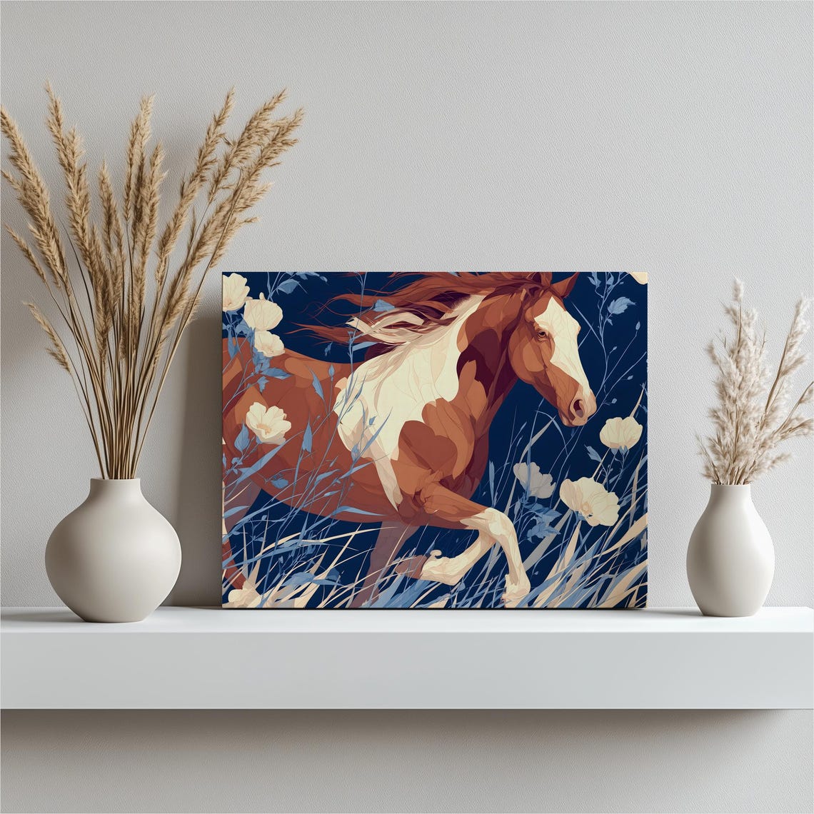 Pinto Horse Galloping Floral Meadow Navy Modern Illustration Poster