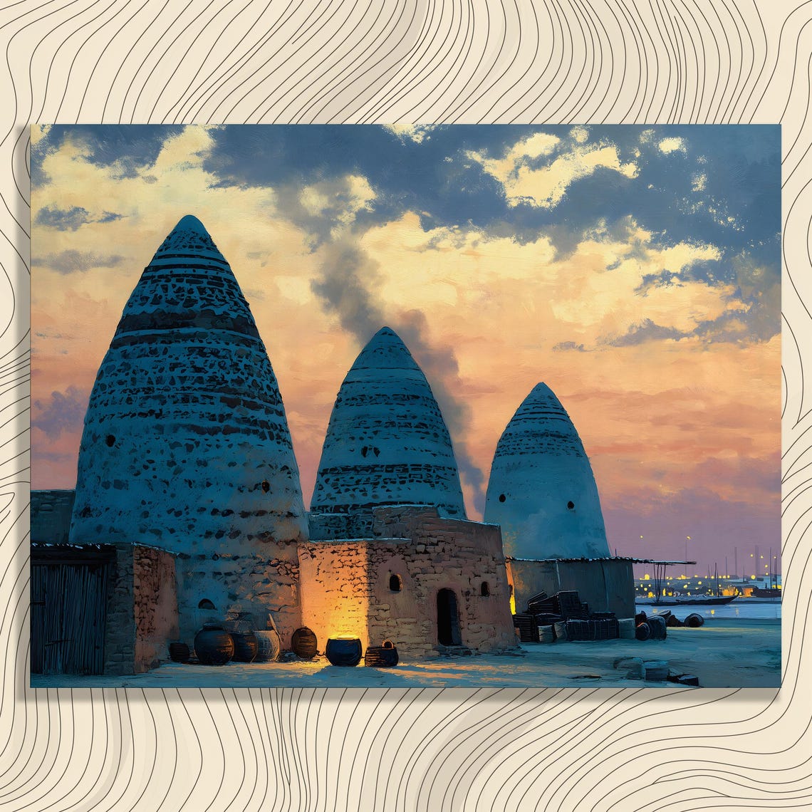 Rustic Beehive Domed Mud Houses Sunset Coastal Painting Poster