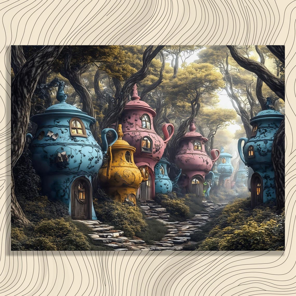 Whimsical Teapot Village Houses Enchanted Forest Fantasy Poster