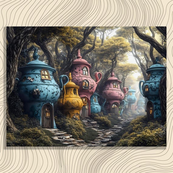 Whimsical Teapot Village Houses Enchanted Forest Fantasy Poster