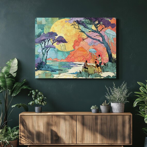Surreal Jellyfish Picnic Canvas Wall Art Dreamy Coastal Landscape With Floating Lanterns Giant Sun Colorful Trees Seaside Dining