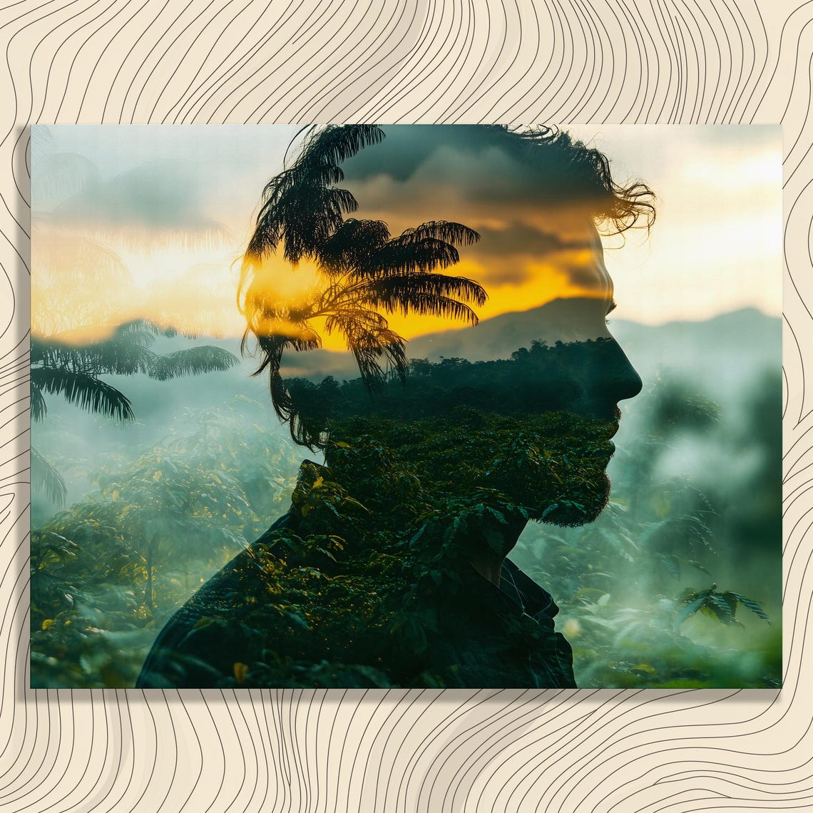 Tropical Sunset Double Exposure Portrait With Palm Trees Poster