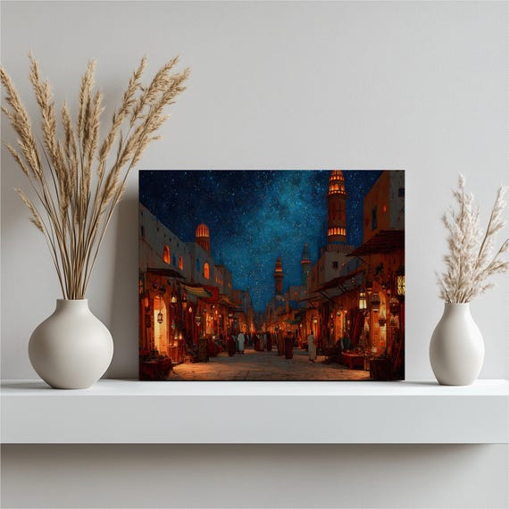 Middle Eastern Bazaar Canvas Wall Art Starry Sky Lantern Night Souk Print Bohemian Eclectic Market Stalls Minaret Skyline Colorful Gift