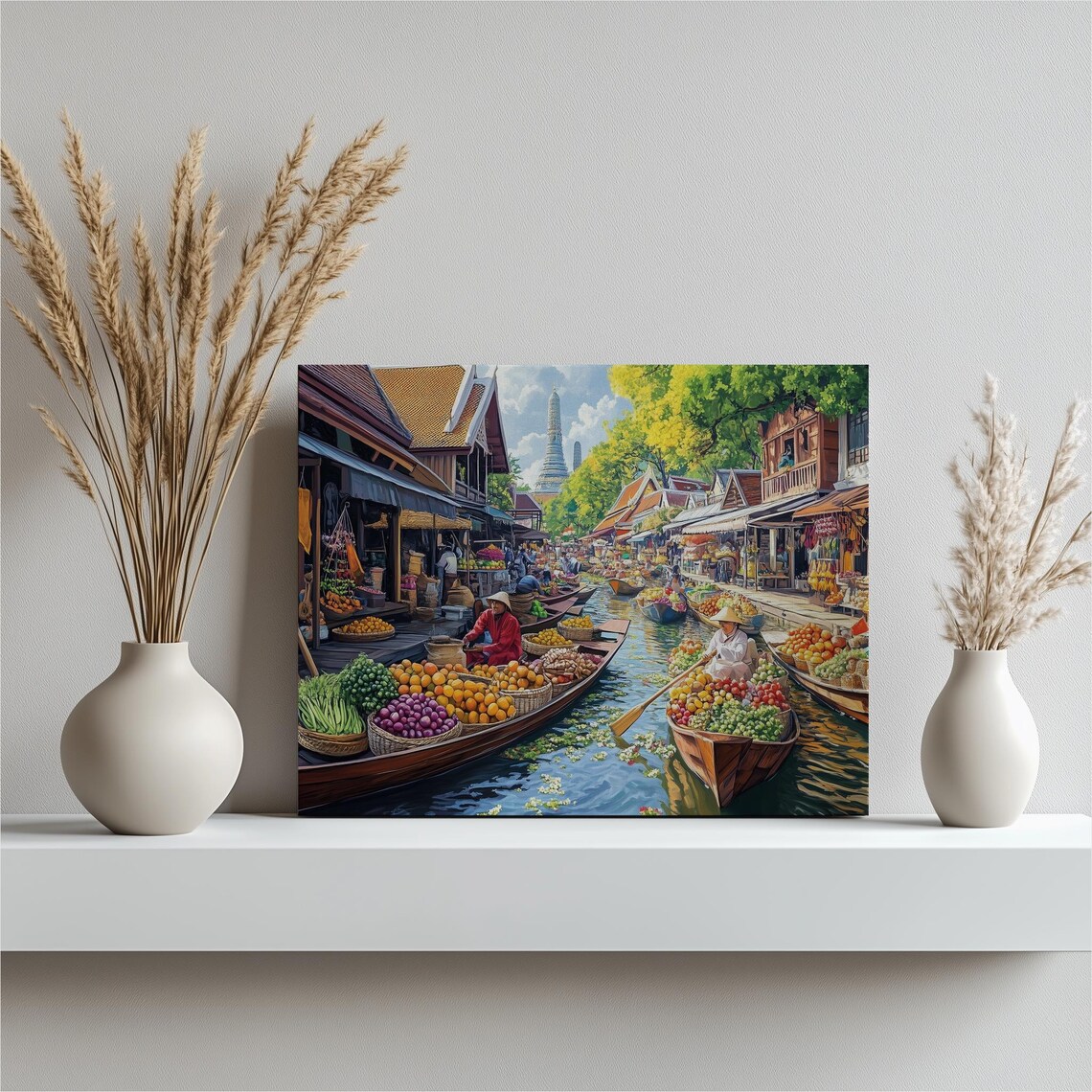 Floating Market Boats Produce Canal Temple Travel Painting Poster