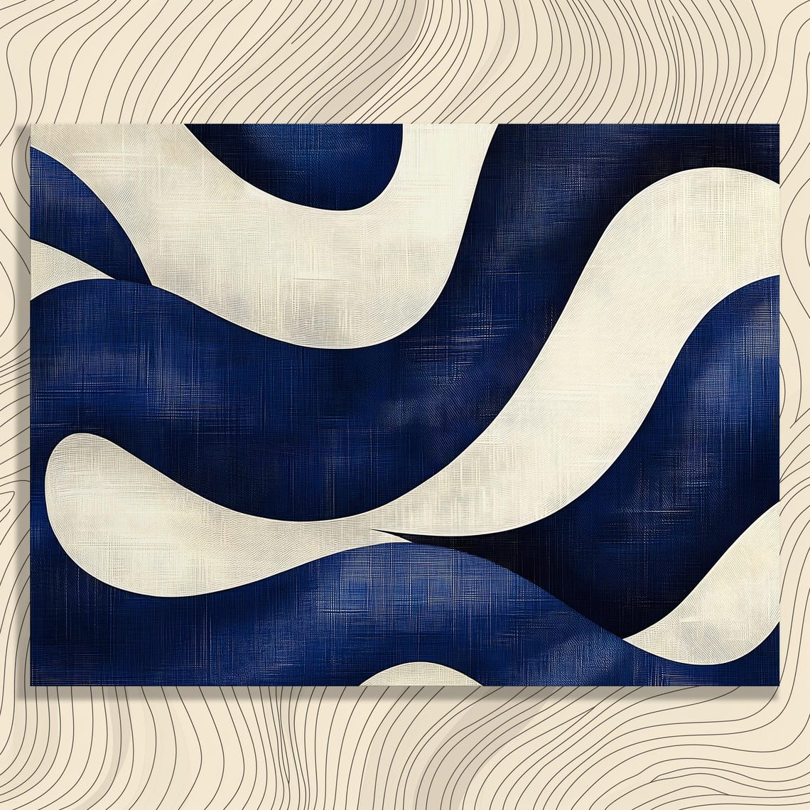 Navy Cream Abstract Waves Modern Minimalist Coastal Art Poster