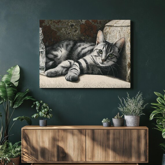 Silver Tabby Cat Lounging By Glass Bottle Floral Tapestry Poster
