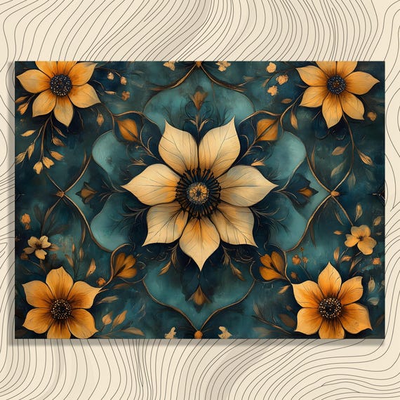 Vintage Floral Canvas Wall Art Blue Orange Botanical Decor Print Nature Artwork Garden Prints Flower Petals Home