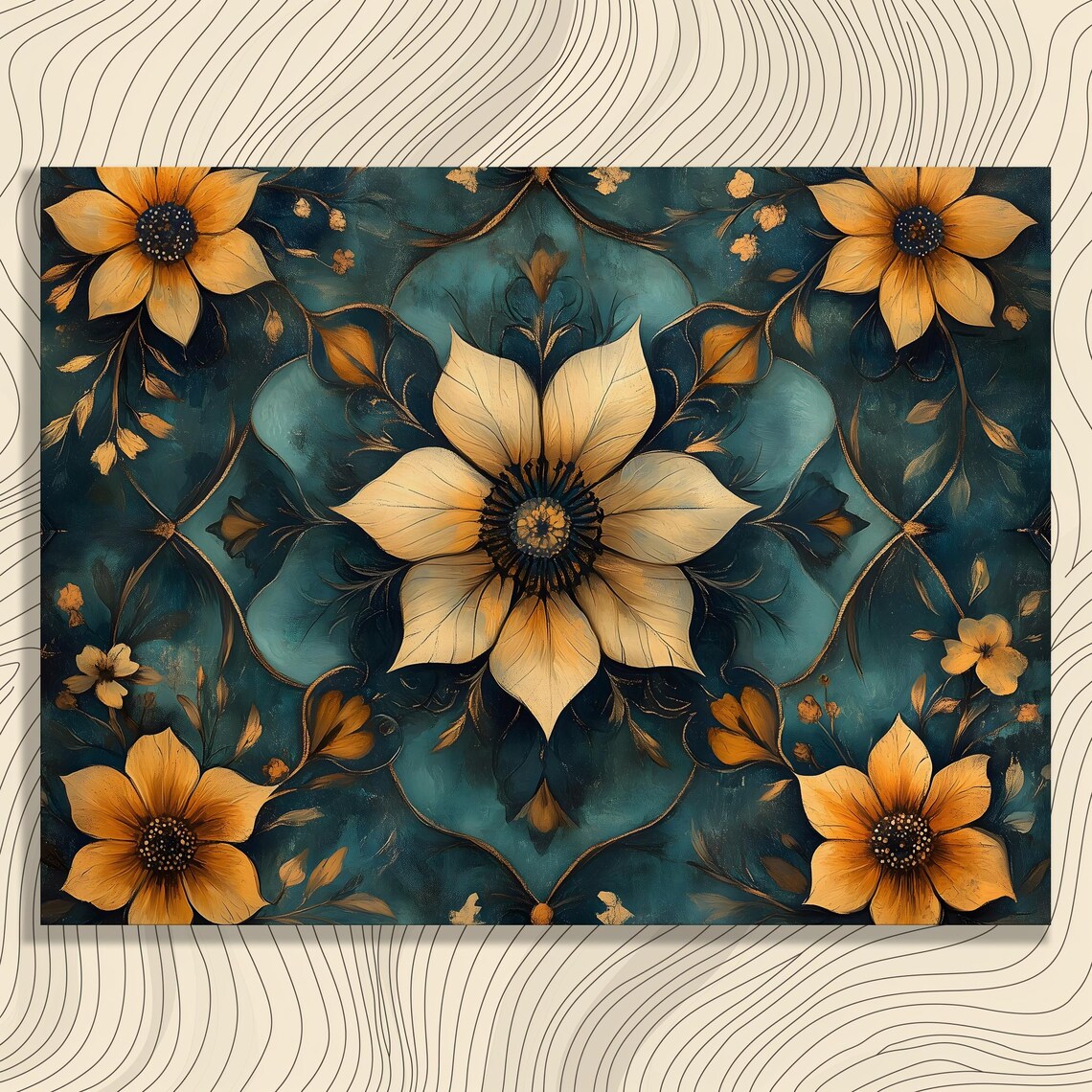 Teal And Gold Vintage Botanical Floral Ornate Dark Moody Bloom Poster