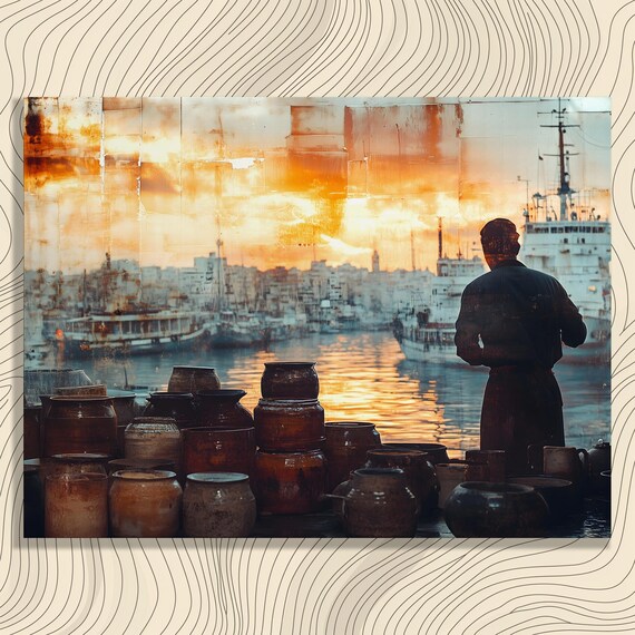 Harbor Sunset Canvas Wall Art Modern Abstract Watercolor Painting Print Coastal Pottery Silhouette Water Reflection Decor