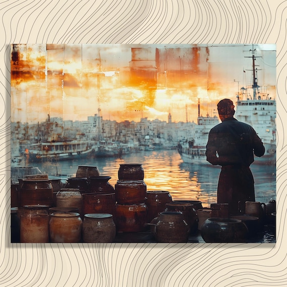 Harbor Sunset Fisherman Silhouette Old Port Golden Hues Poster