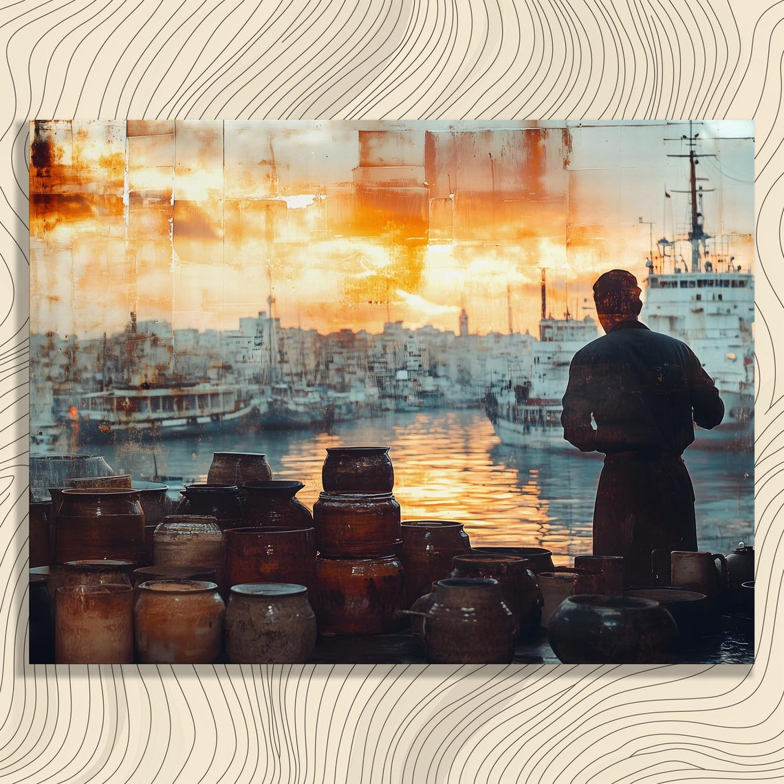 Harbor Sunset Fisherman Silhouette Old Port Golden Hues Poster