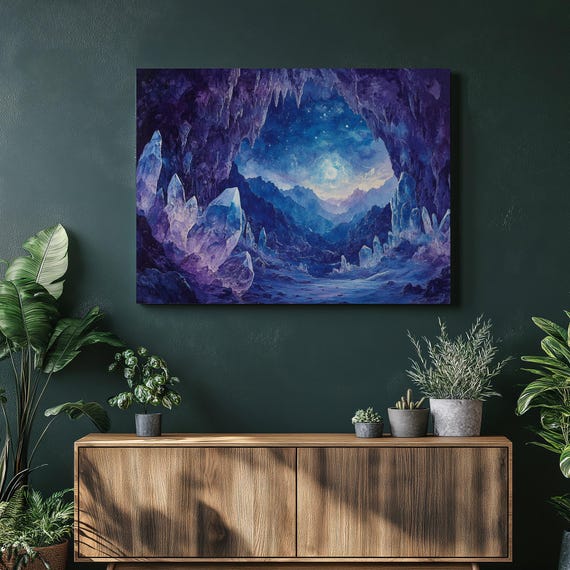Mystical Crystal Cave Canvas Print Starry Night Purple Grotto Art