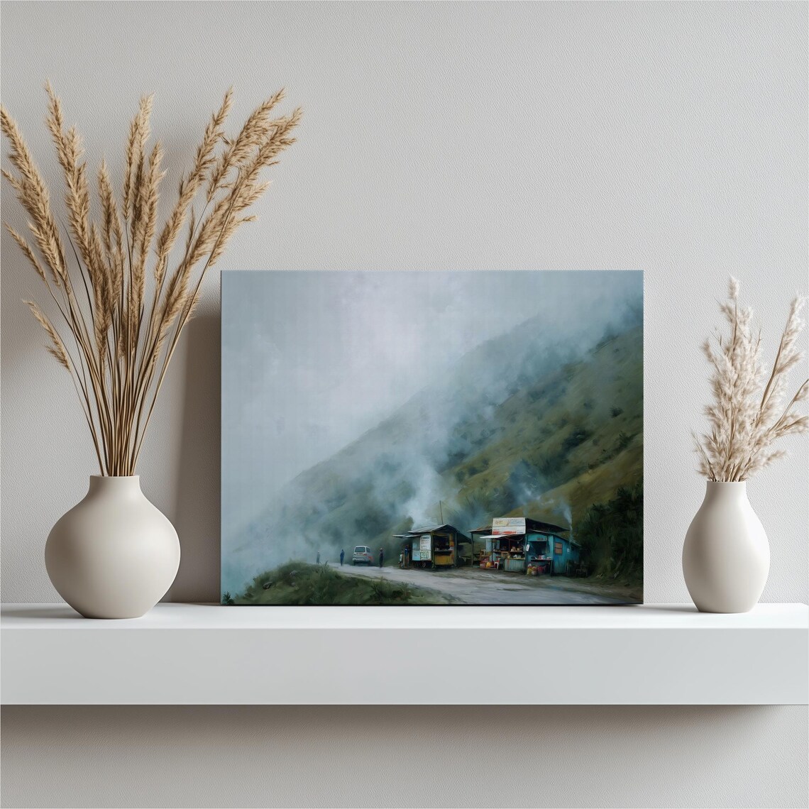 Misty Mountain Road With Roadside Stalls in Morning Fog Wall Art