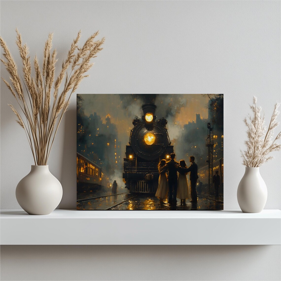 Steam Locomotive Night Station Family Silhouette Vintage Print
