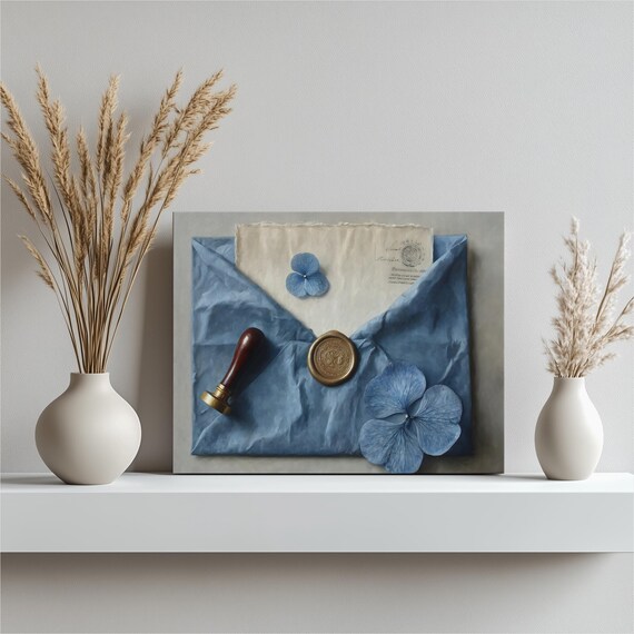 Blue Hydrangea Wax Seal Letter Envelope Vintage Still Life Art Poster