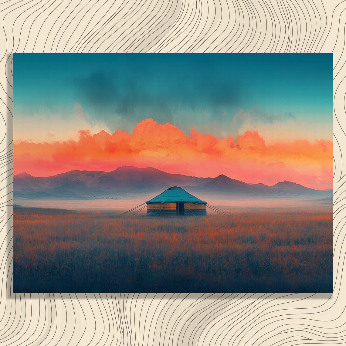 Lone Yurt Steppe Fiery Sunset Teal Tent Grassland Painting Poster