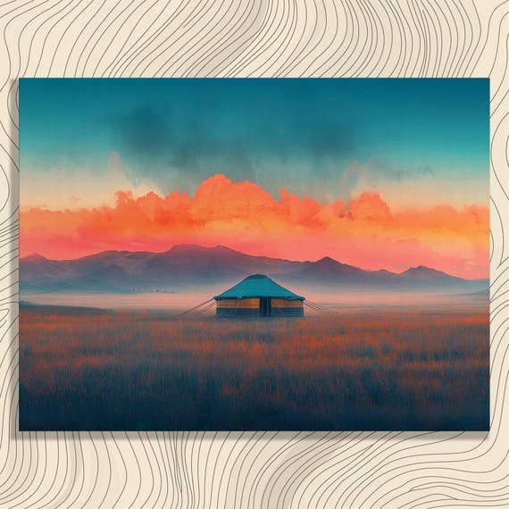 Serene Yurt Landscape Canvas Wall Art Sunset Painting Tranquil Scene Colorful Nature Print Mountain Horizon Decor Ethereal Clouds Artwork