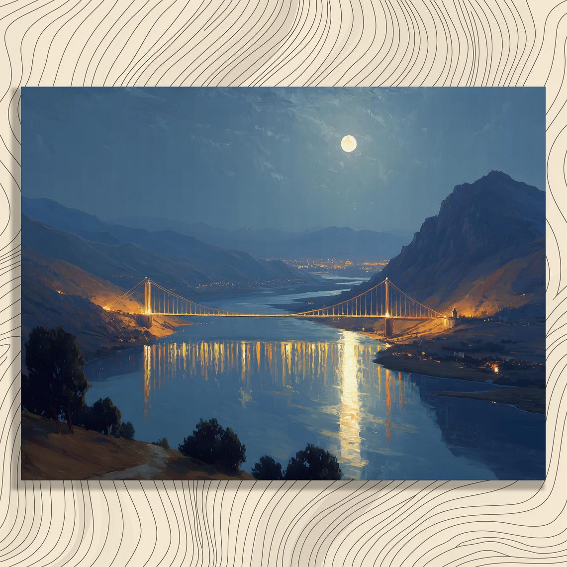 Moonlight Bridge Canvas Wall Art Suspension Night Sky Mountains River Reflection Landscape Print Nature Decor Blue Yellow Dark