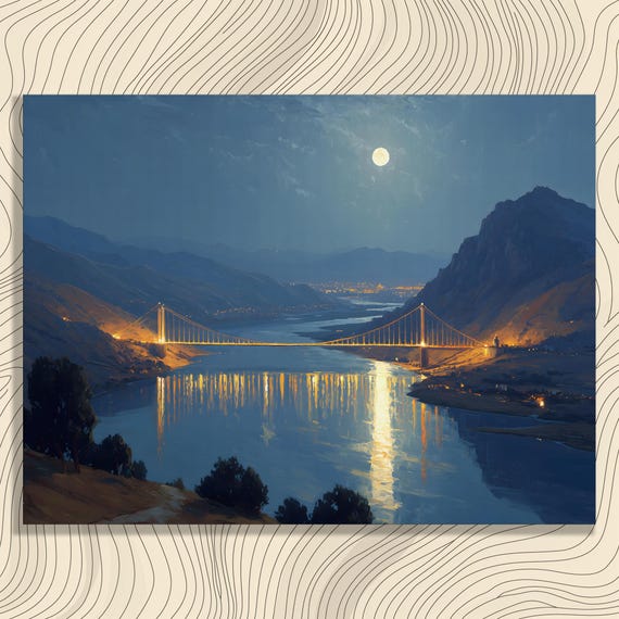 Moonlight Bridge Canvas Wall Art Suspension Night Sky Mountains River Reflection Landscape Print Nature Decor Blue Yellow Dark