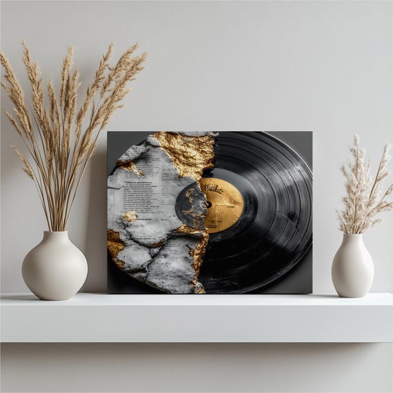 Abstract Vinyl Disc Canvas Wall Art Black Gold Mixed Media Torn Paper Leaf Modern Print Music Themed Decor Album Gift