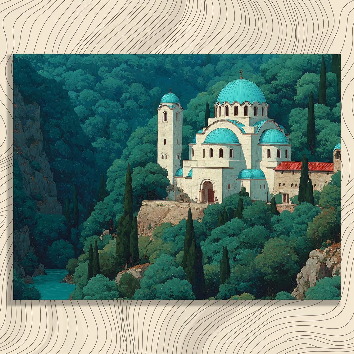 White Monastery Turquoise Domes Mountain River Peaceful View Poster