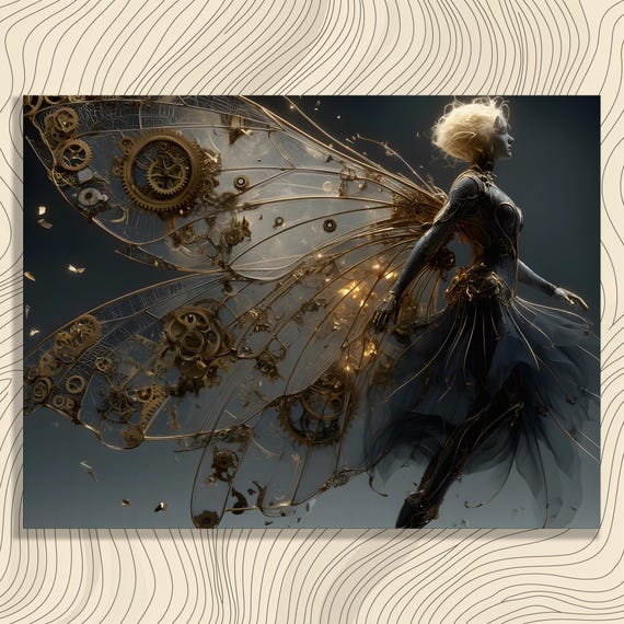 Steampunk Fairy Wings Canvas Wall Art Modern Print Fantasy Artwork Illustration Mechanical Design Clockwork Gears Decor